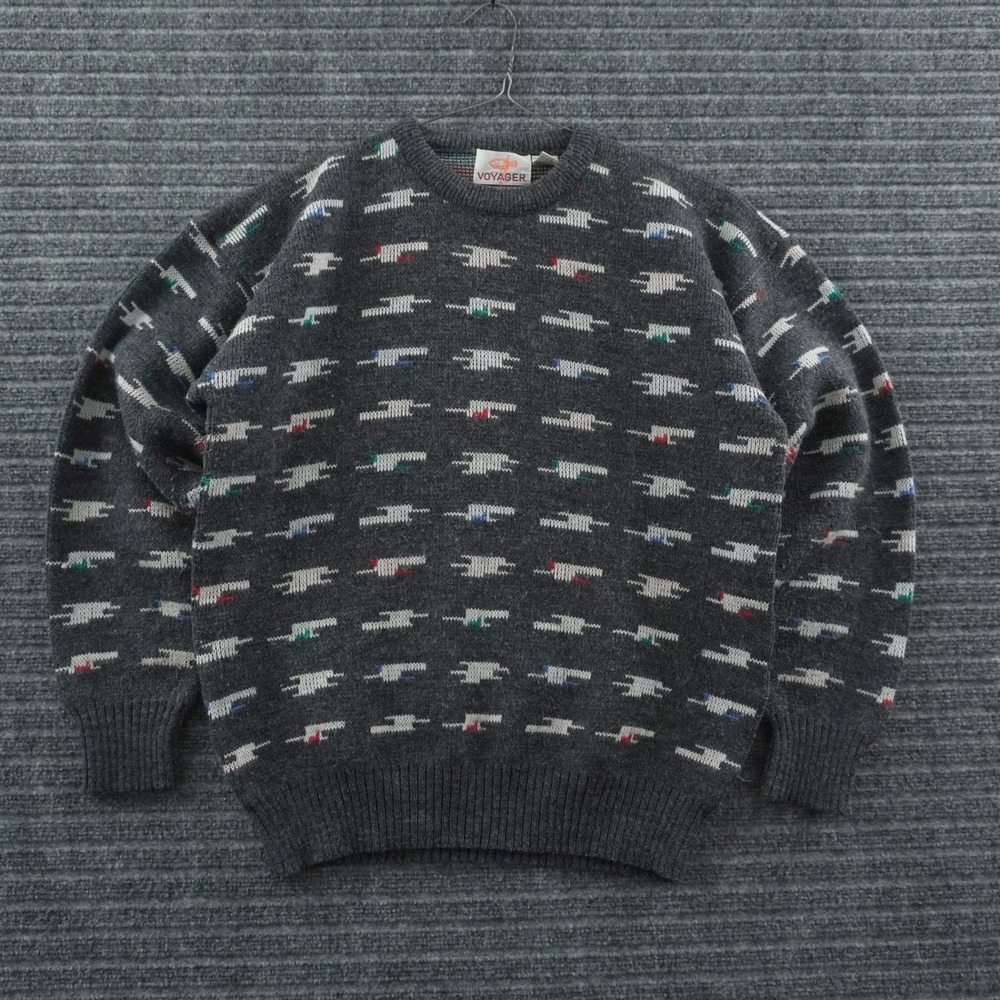 Vintage Voyager Geometric Abstract Knit Sweater Mens Large Gray Crewneck